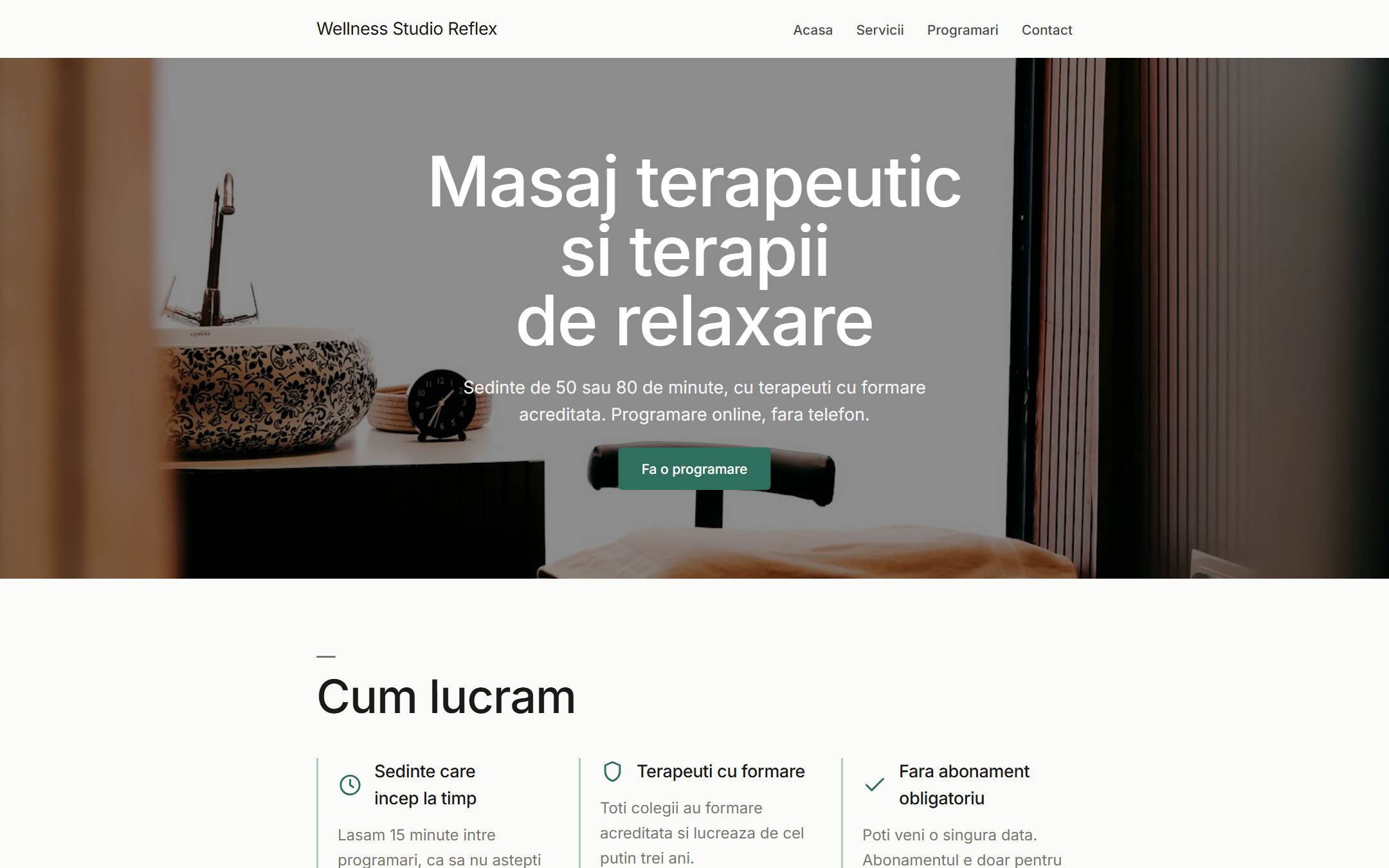 Pagina principala a sitului demo Wellness Studio Reflex